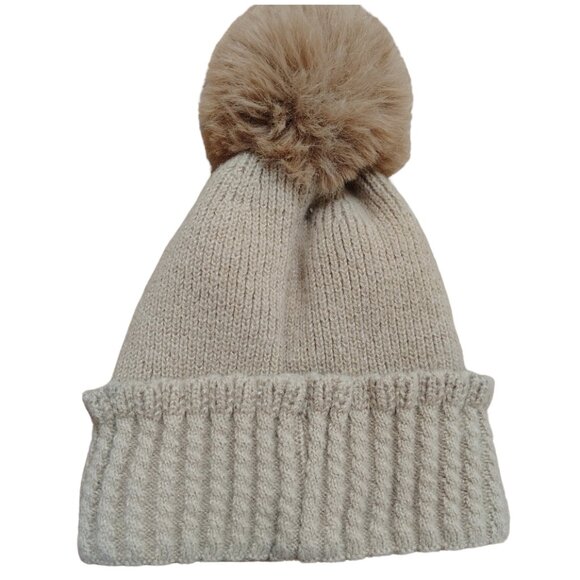Womens Knit Pom-Pom Beanie OS Tan Brown Fleece Lined Winter Ski Lodge Normcore - Picture 5 of 9